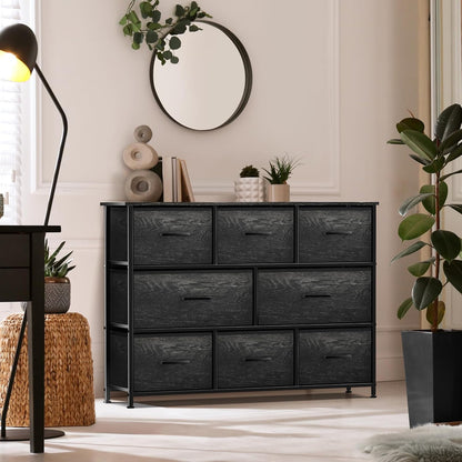 Wide 8-Drawer Dresser, Wood Top & Fabric Drawers (Blue)