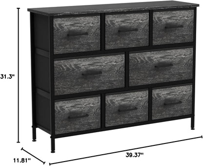 Wide 8-Drawer Dresser, Wood Top & Fabric Drawers (Blue)