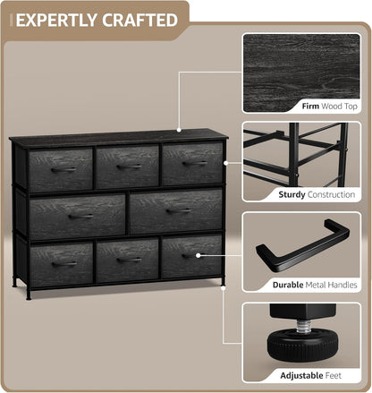 Wide 8-Drawer Dresser, Wood Top & Fabric Drawers (Blue)