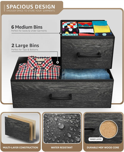 Wide 8-Drawer Dresser, Wood Top & Fabric Drawers (Blue)