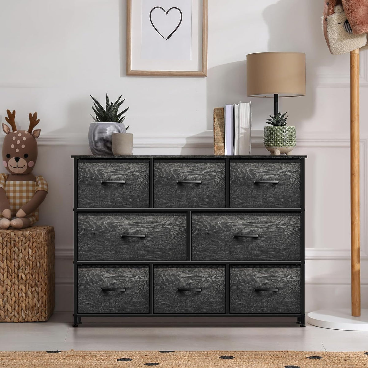 Wide 8-Drawer Dresser, Wood Top & Fabric Drawers (Blue)