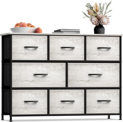 Wide 8-Drawer Dresser, Wood Top & Fabric Drawers (Blue)