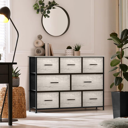Wide 8-Drawer Dresser, Wood Top & Fabric Drawers (Blue)