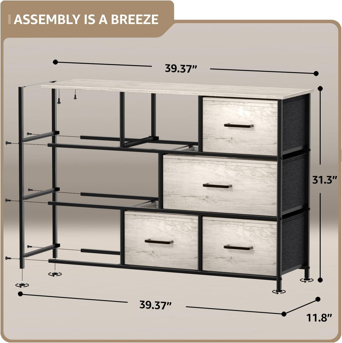 Wide 8-Drawer Dresser, Wood Top & Fabric Drawers (Blue)