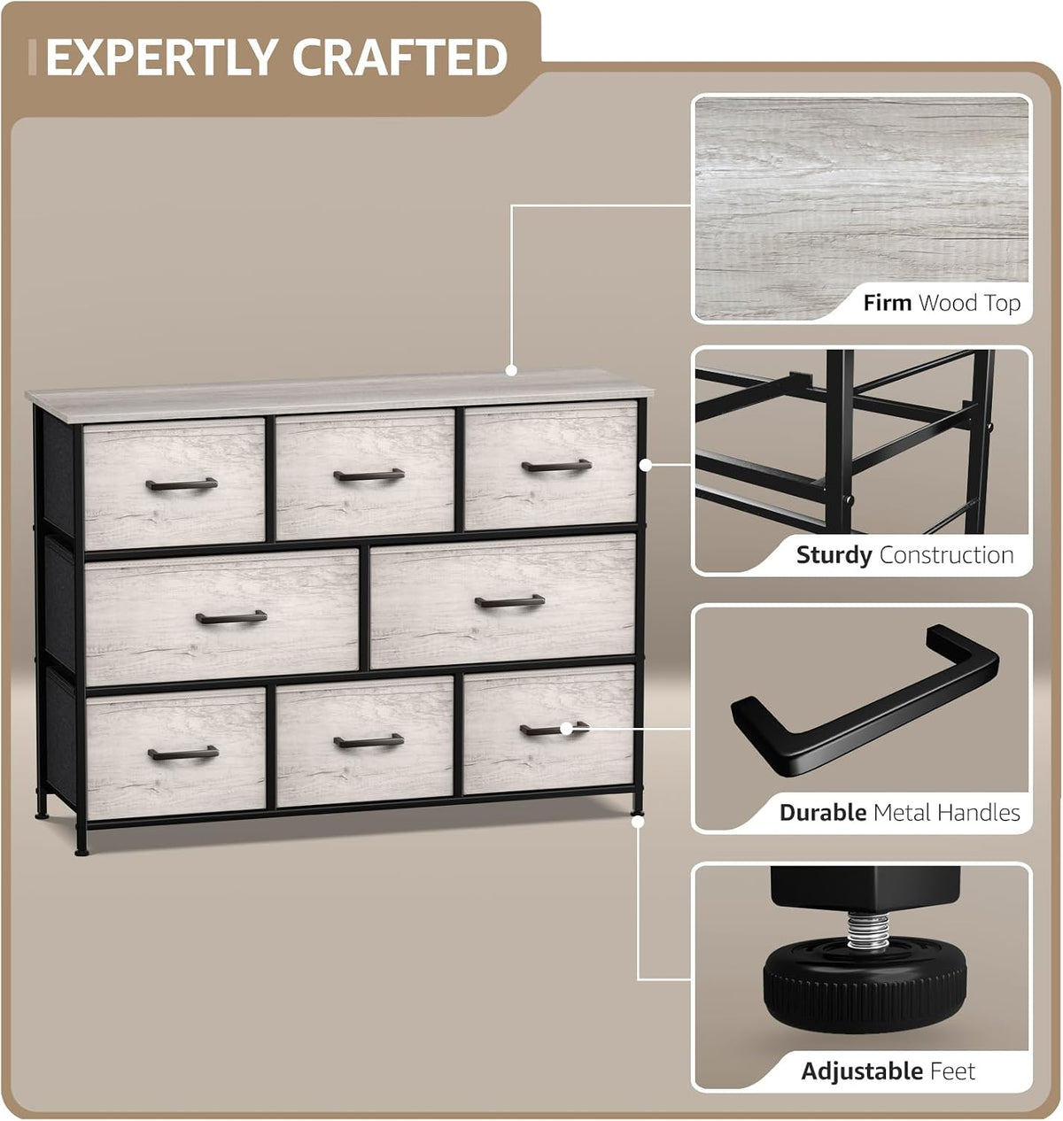 Wide 8-Drawer Dresser, Wood Top & Fabric Drawers (Blue)