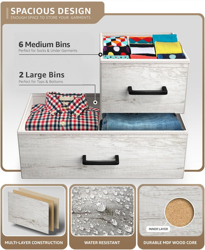Wide 8-Drawer Dresser, Wood Top & Fabric Drawers (Blue)