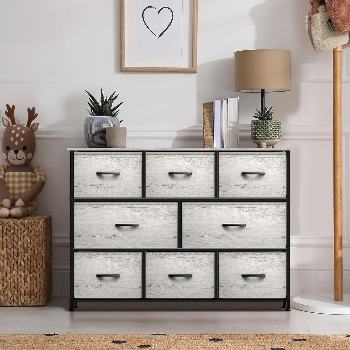 Wide 8-Drawer Dresser, Wood Top & Fabric Drawers (Blue)