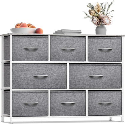 Wide 8-Drawer Dresser, Wood Top & Fabric Drawers (Blue)