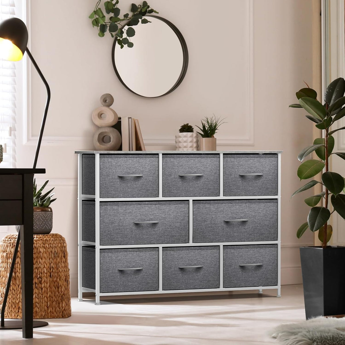 Wide 8-Drawer Dresser, Wood Top & Fabric Drawers (Blue)