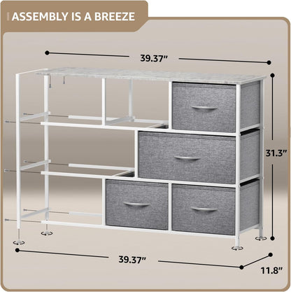 Wide 8-Drawer Dresser, Wood Top & Fabric Drawers (Blue)