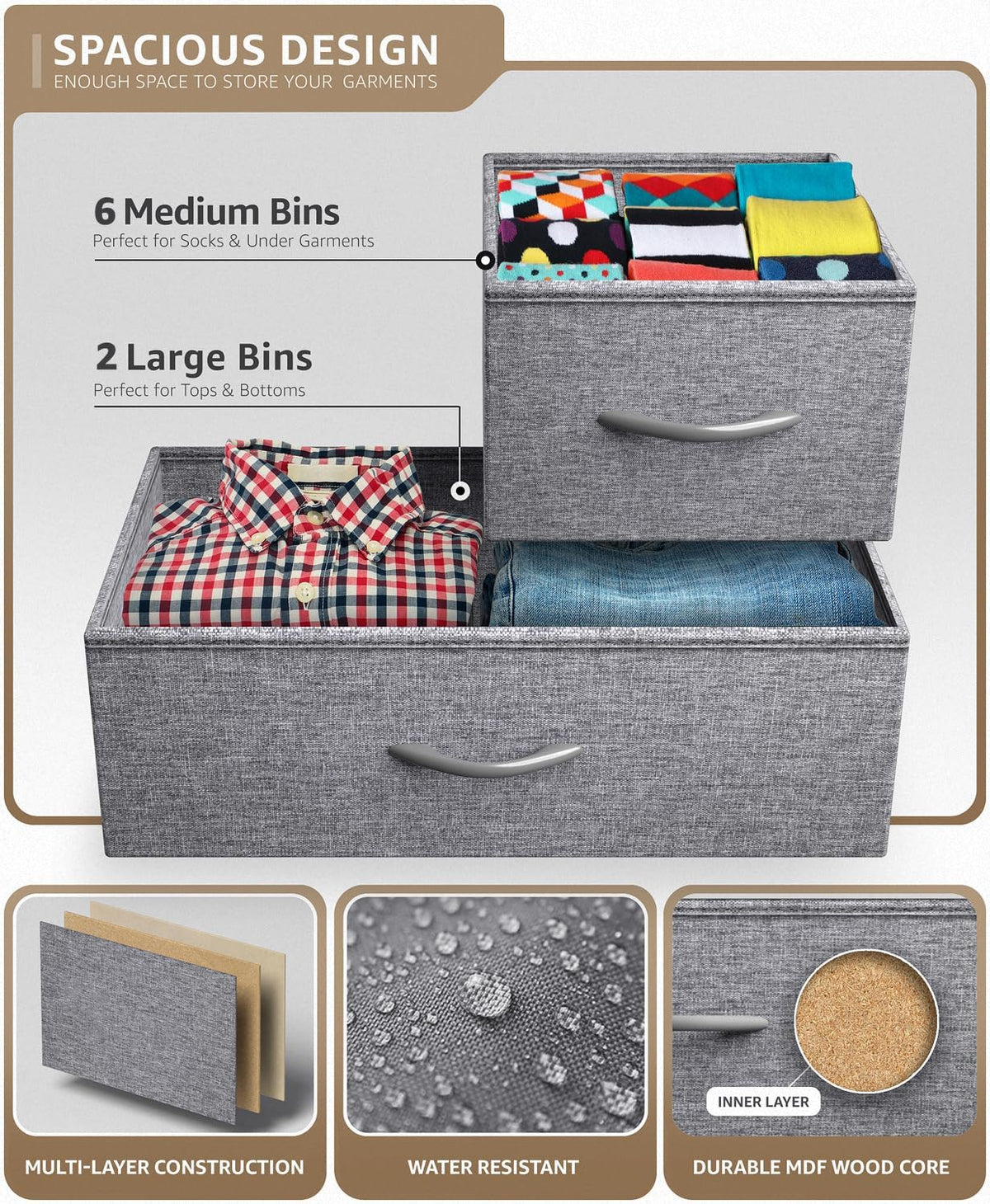 Wide 8-Drawer Dresser, Wood Top & Fabric Drawers (Blue)