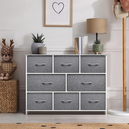 Wide 8-Drawer Dresser, Wood Top & Fabric Drawers (Blue)