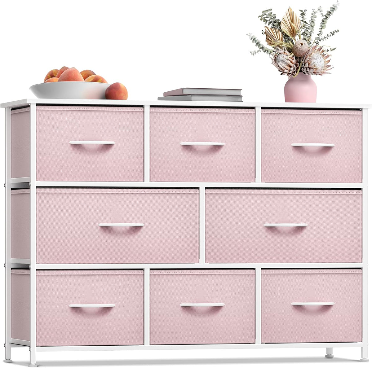 Wide 8-Drawer Dresser, Wood Top & Fabric Drawers (Blue)