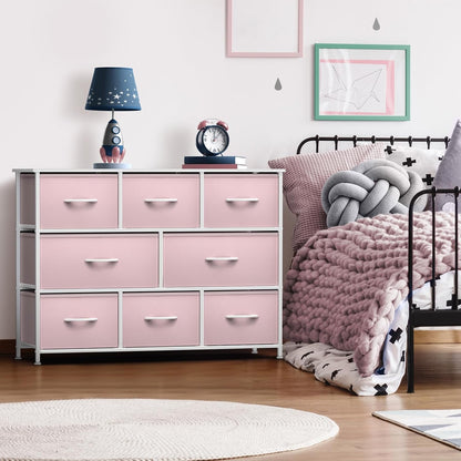 Wide 8-Drawer Dresser, Wood Top & Fabric Drawers (Blue)