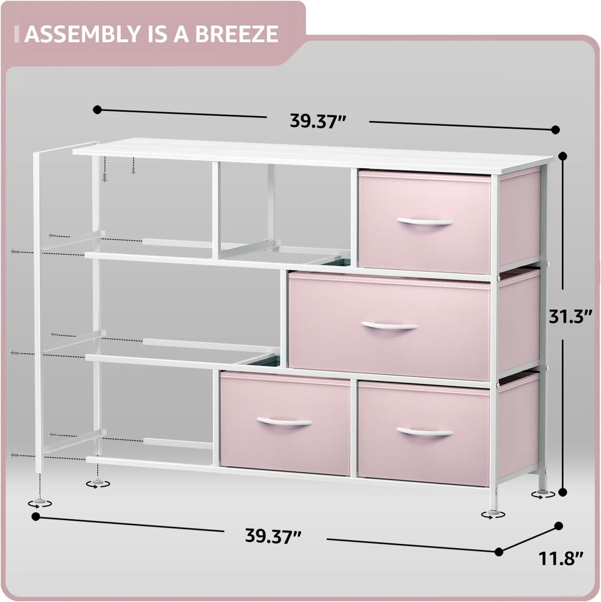 Wide 8-Drawer Dresser, Wood Top & Fabric Drawers (Blue)