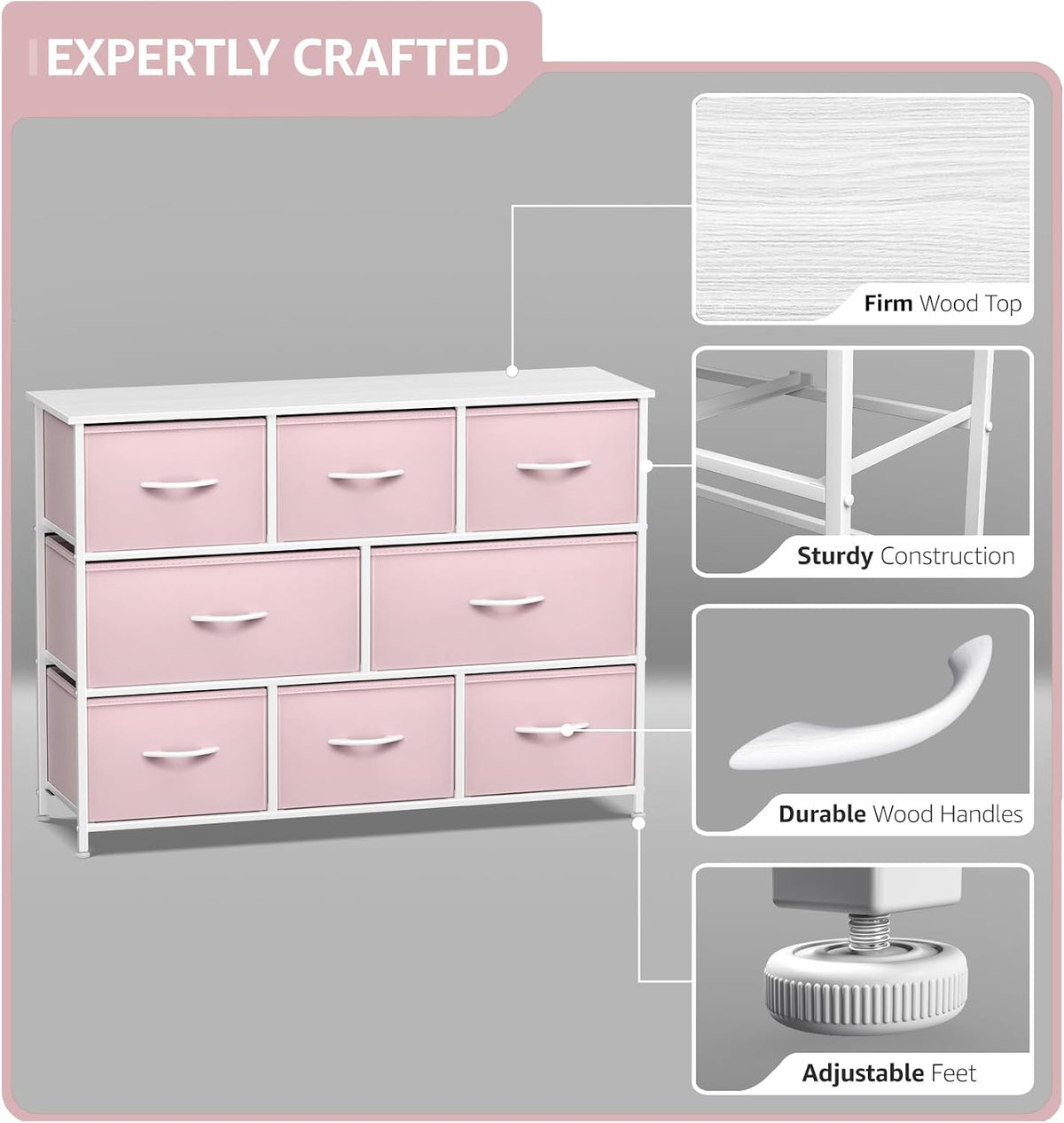 Wide 8-Drawer Dresser, Wood Top & Fabric Drawers (Blue)