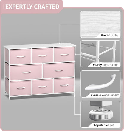 Wide 8-Drawer Dresser, Wood Top & Fabric Drawers (Blue)