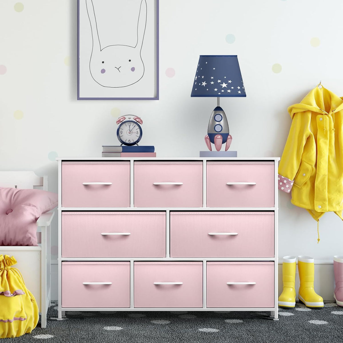 Wide 8-Drawer Dresser, Wood Top & Fabric Drawers (Blue)