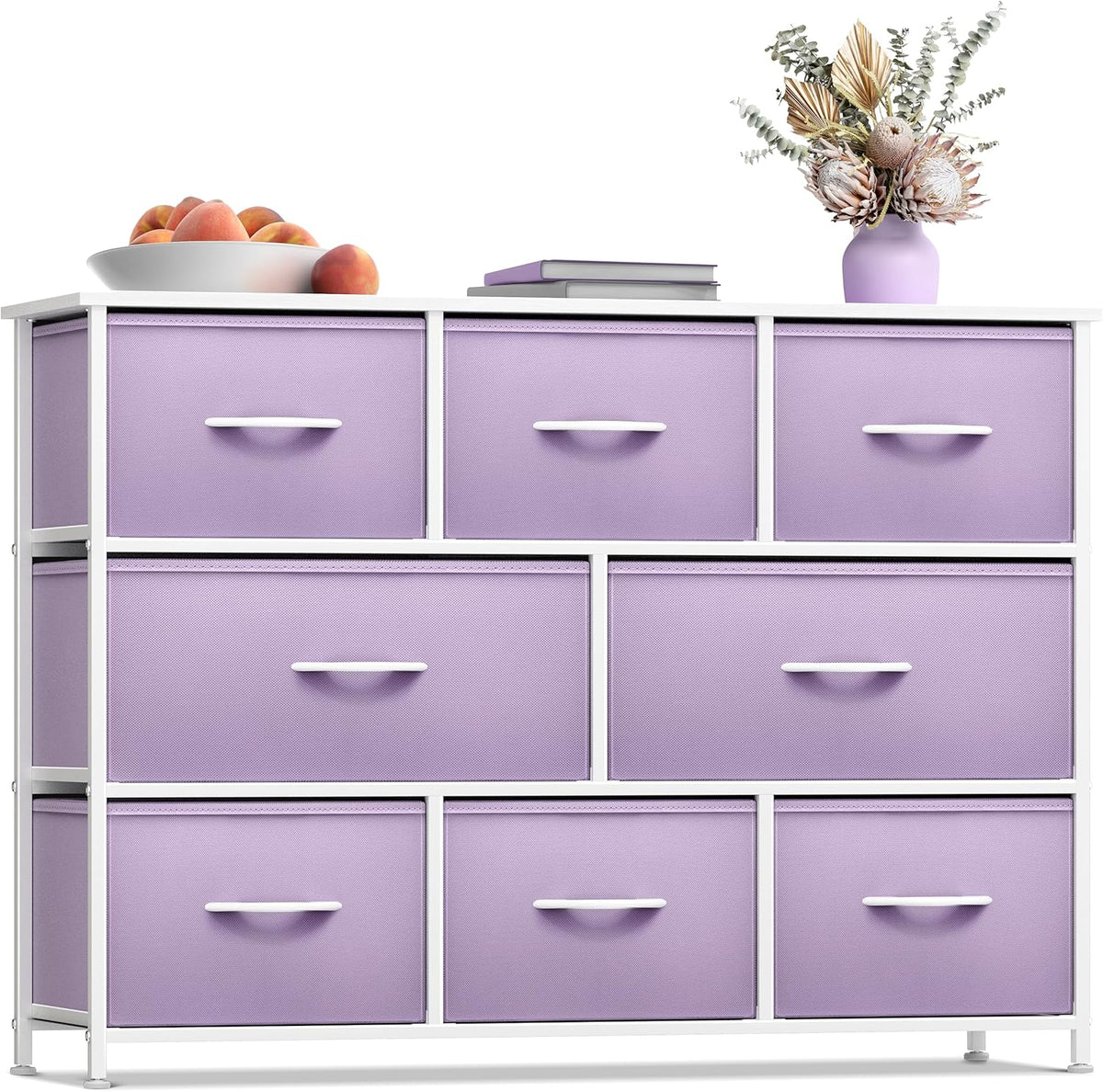 Wide 8-Drawer Dresser, Wood Top & Fabric Drawers (Blue)