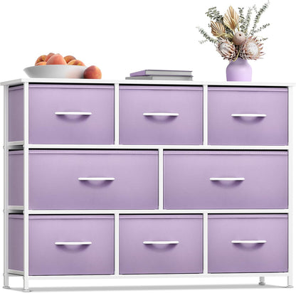 Wide 8-Drawer Dresser, Wood Top & Fabric Drawers (Blue)