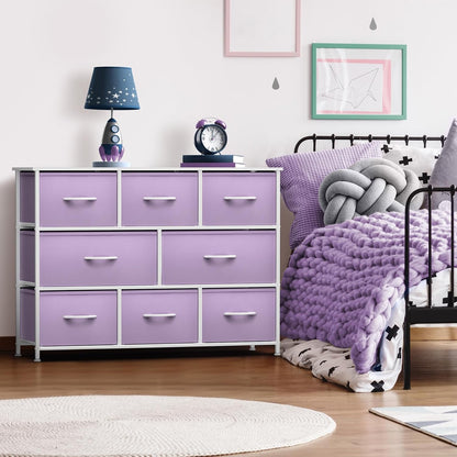 Wide 8-Drawer Dresser, Wood Top & Fabric Drawers (Blue)