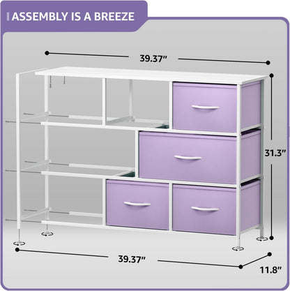 Wide 8-Drawer Dresser, Wood Top & Fabric Drawers (Blue)