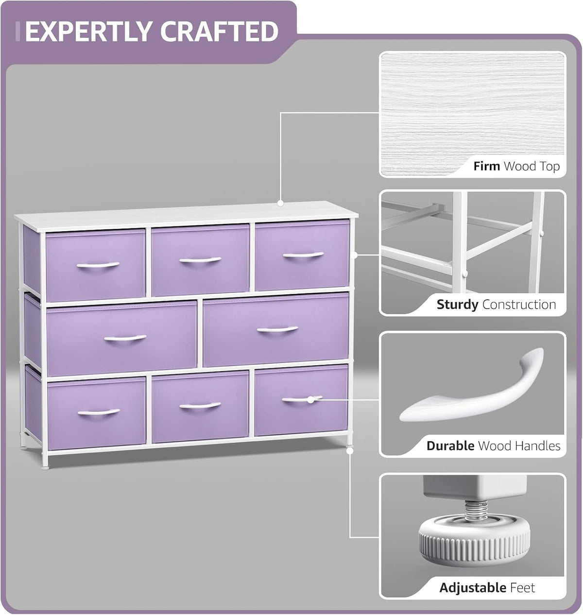 Wide 8-Drawer Dresser, Wood Top & Fabric Drawers (Blue)