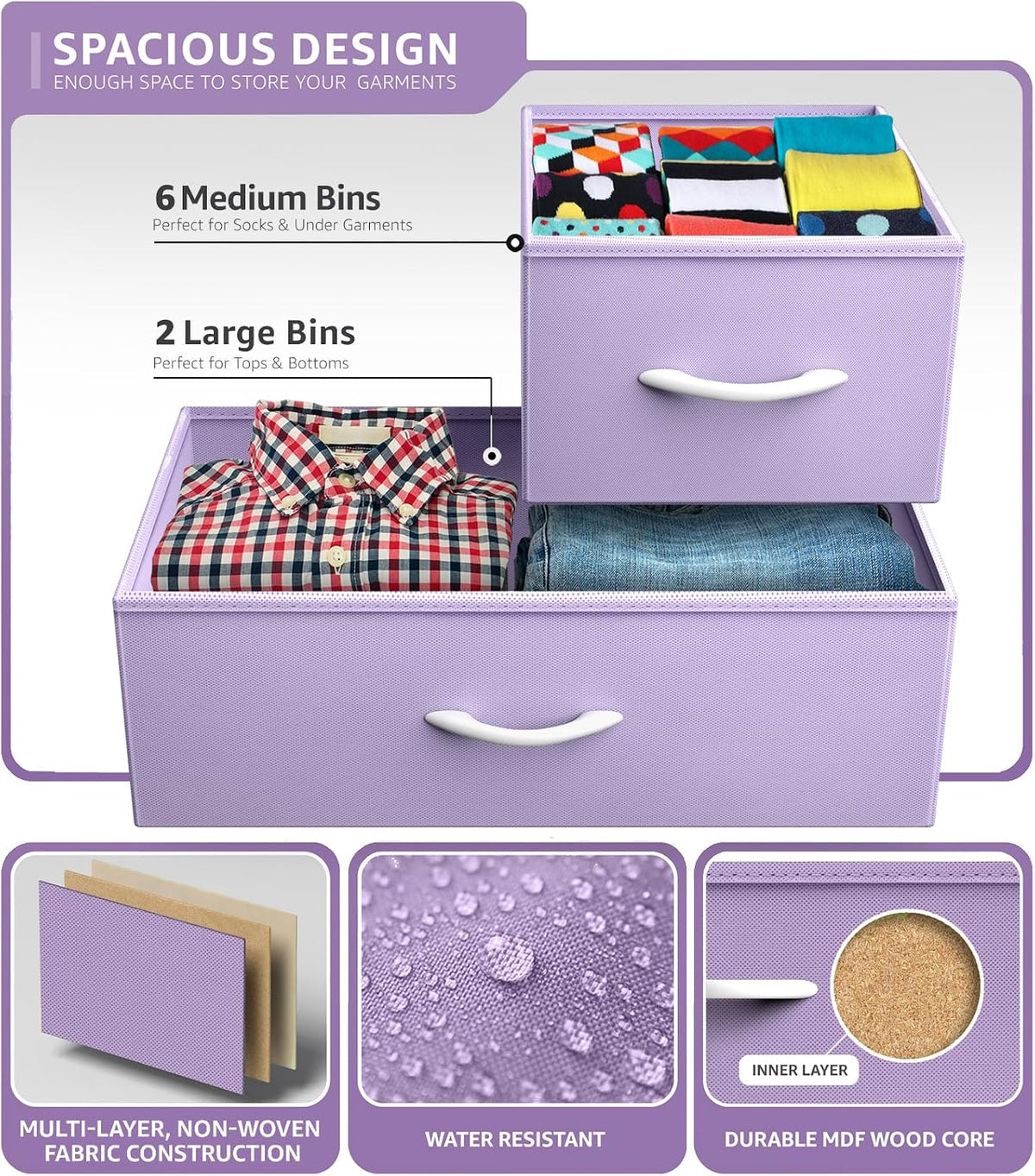 Wide 8-Drawer Dresser, Wood Top & Fabric Drawers (Blue)