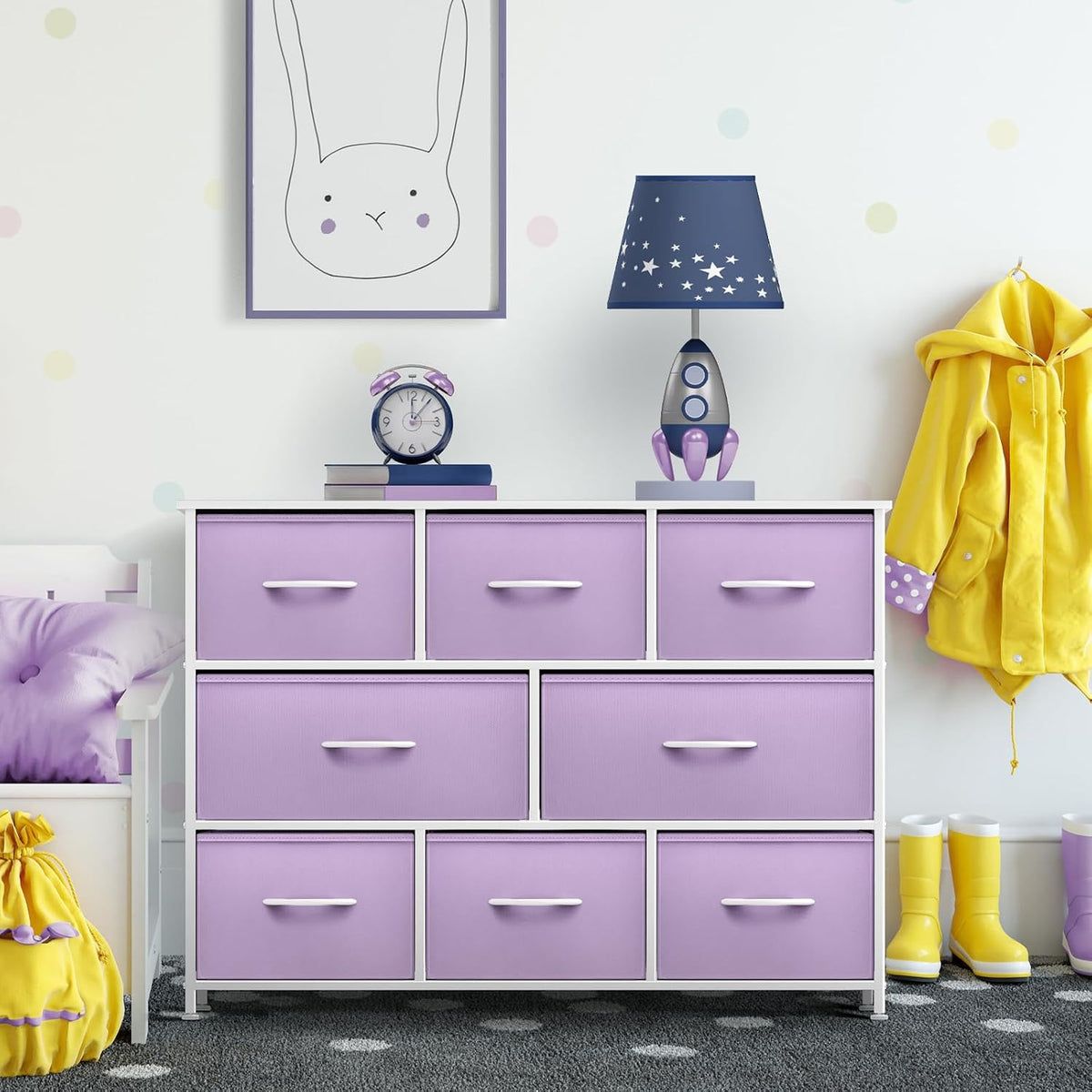 Wide 8-Drawer Dresser, Wood Top & Fabric Drawers (Blue)