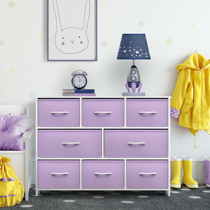 Wide 8-Drawer Dresser, Wood Top & Fabric Drawers (Blue)