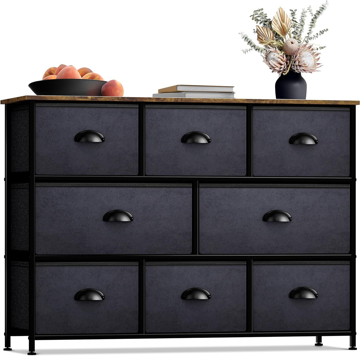Wide 8-Drawer Dresser, Wood Top & Fabric Drawers (Blue)