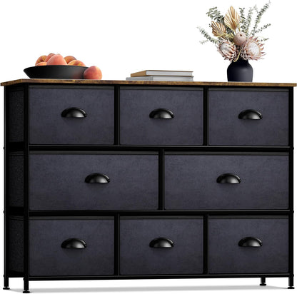Wide 8-Drawer Dresser, Wood Top & Fabric Drawers (Blue)