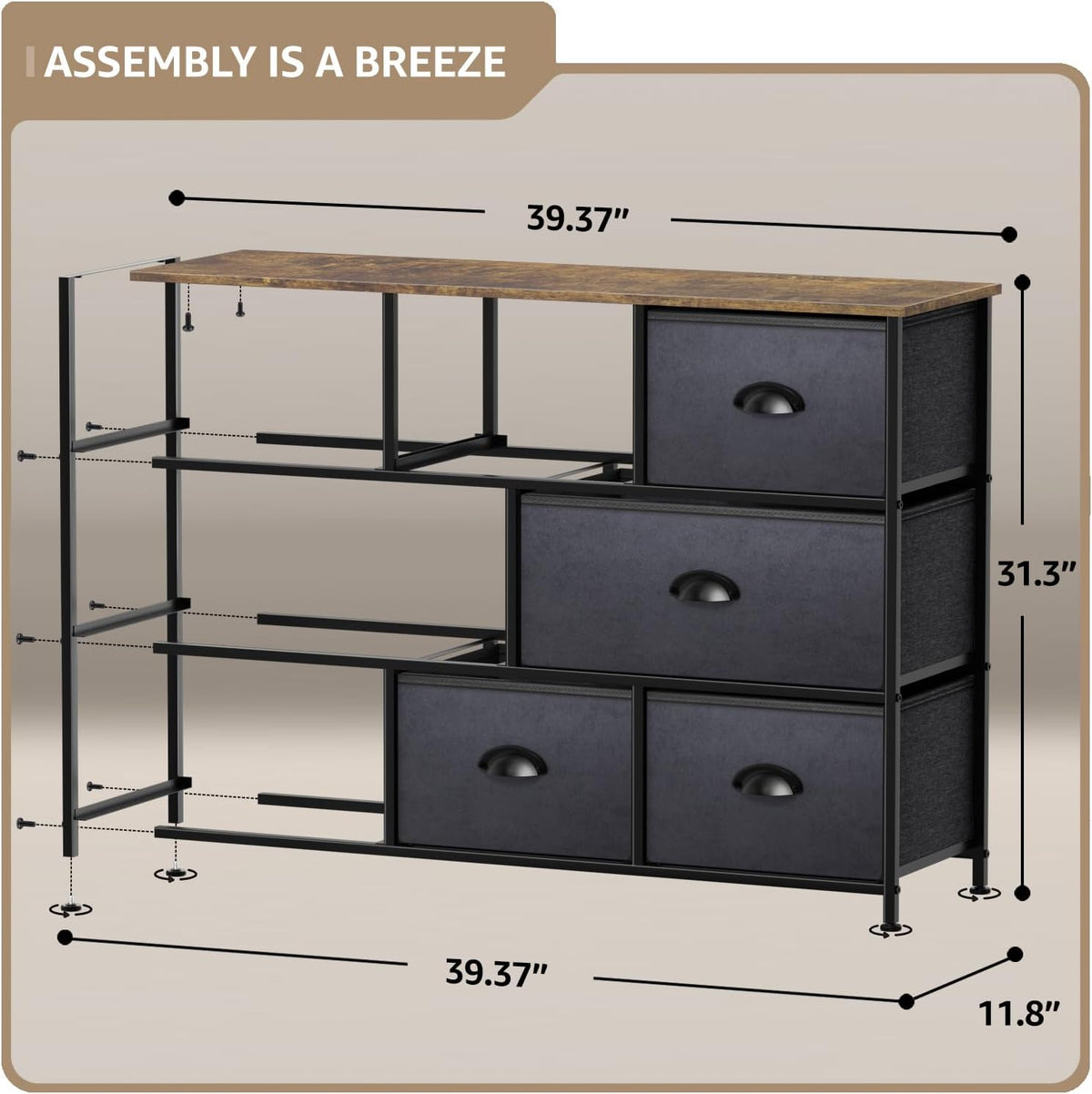 Wide 8-Drawer Dresser, Wood Top & Fabric Drawers (Blue)