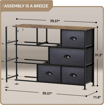 Wide 8-Drawer Dresser, Wood Top & Fabric Drawers (Blue)