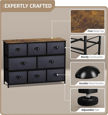 Wide 8-Drawer Dresser, Wood Top & Fabric Drawers (Blue)