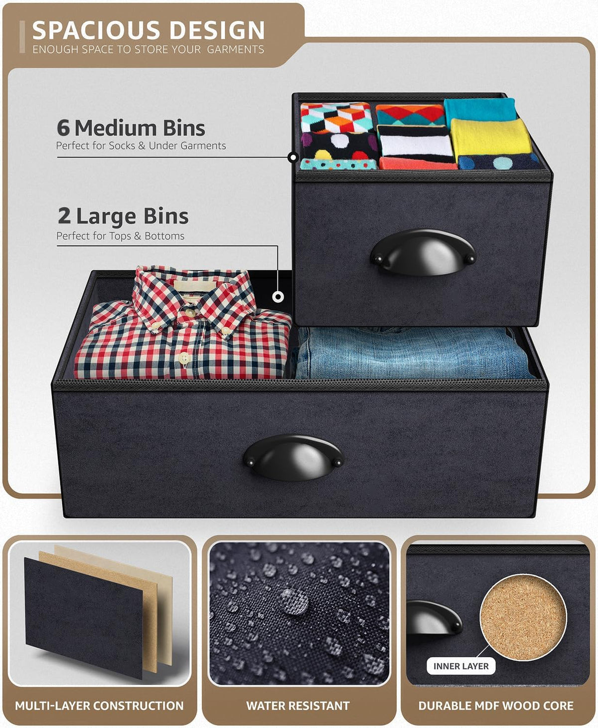 Wide 8-Drawer Dresser, Wood Top & Fabric Drawers (Blue)