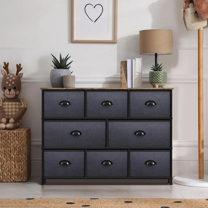 Wide 8-Drawer Dresser, Wood Top & Fabric Drawers (Blue)