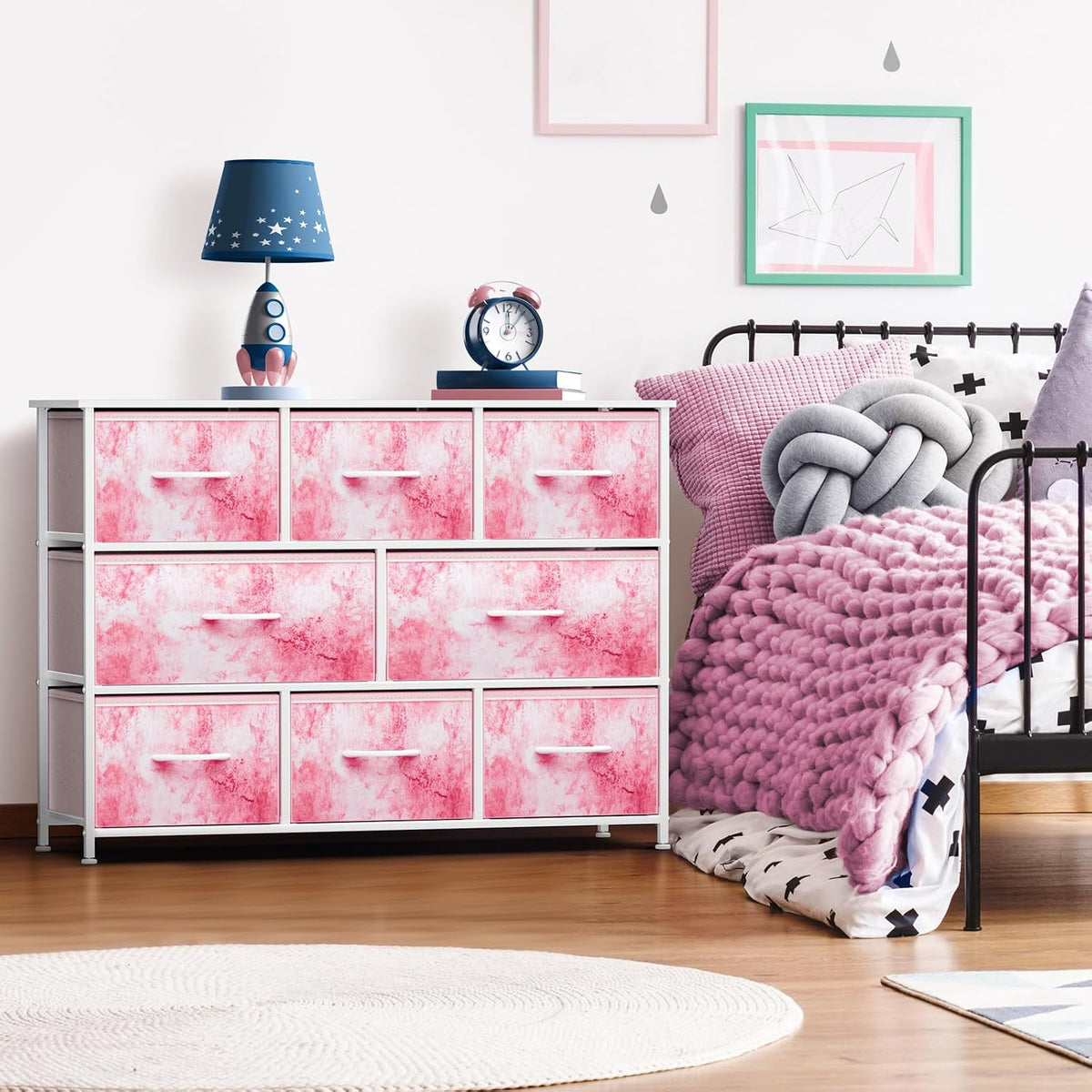 Wide 8-Drawer Dresser, Wood Top & Fabric Drawers (Blue)