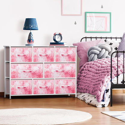 Wide 8-Drawer Dresser, Wood Top & Fabric Drawers (Blue)