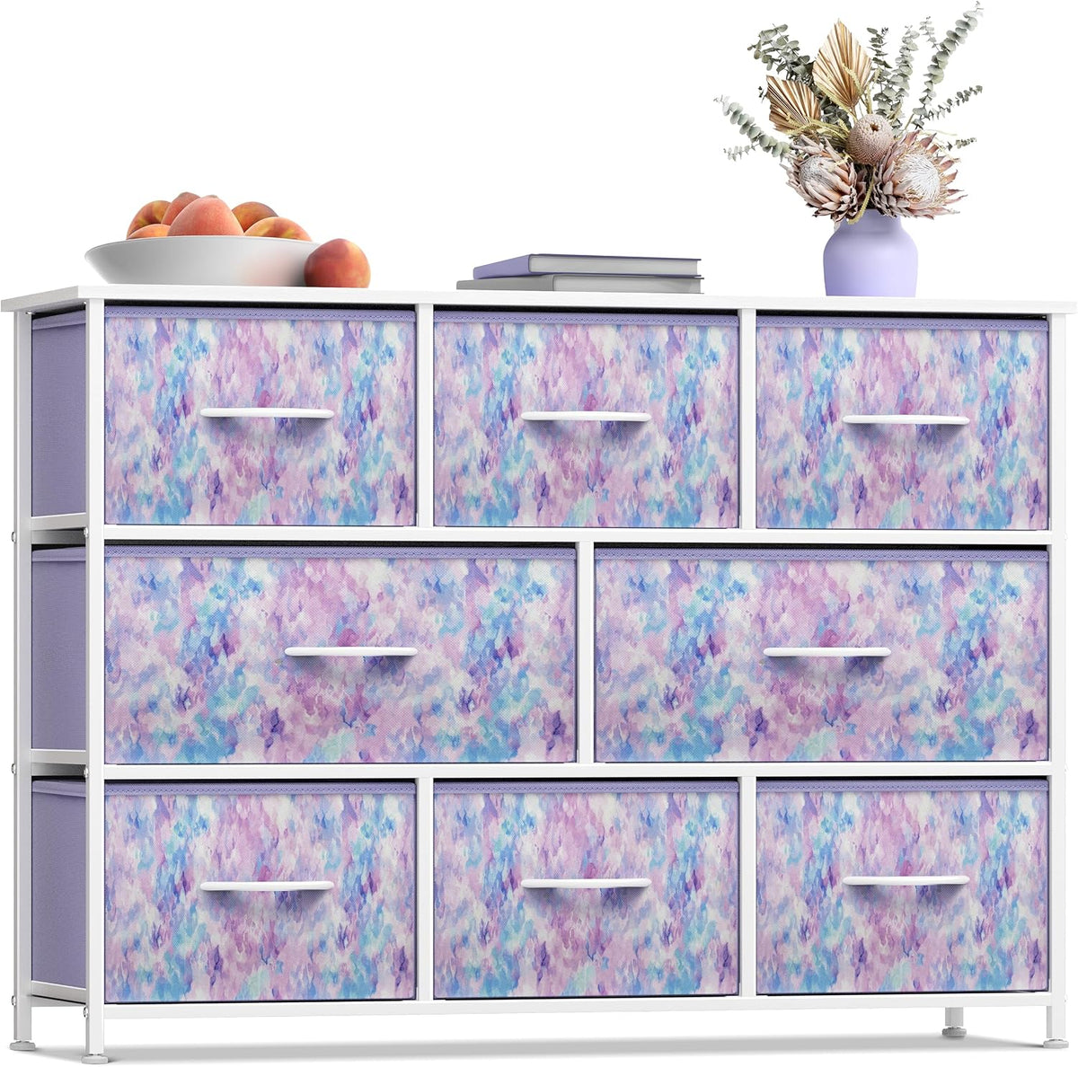 Wide 8-Drawer Dresser, Wood Top & Fabric Drawers (Blue)