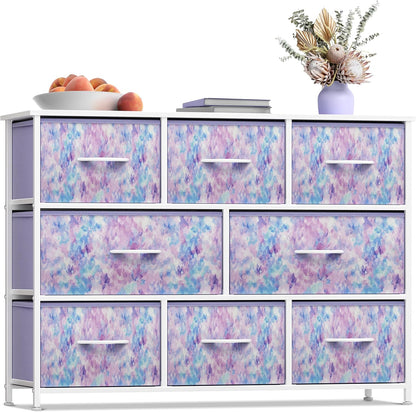 Wide 8-Drawer Dresser, Wood Top & Fabric Drawers (Blue)