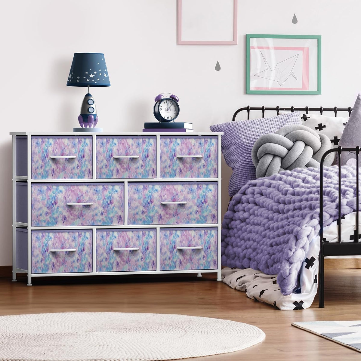 Wide 8-Drawer Dresser, Wood Top & Fabric Drawers (Blue)
