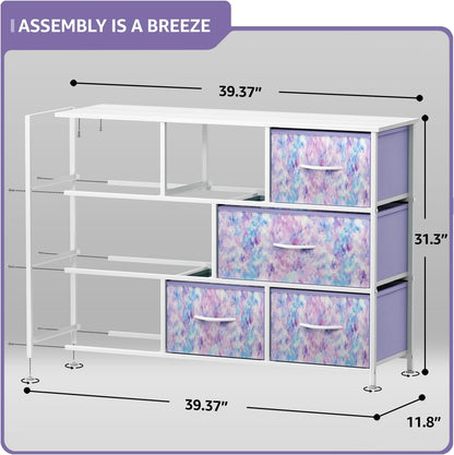 Wide 8-Drawer Dresser, Wood Top & Fabric Drawers (Blue)