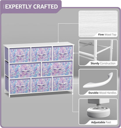 Wide 8-Drawer Dresser, Wood Top & Fabric Drawers (Blue)