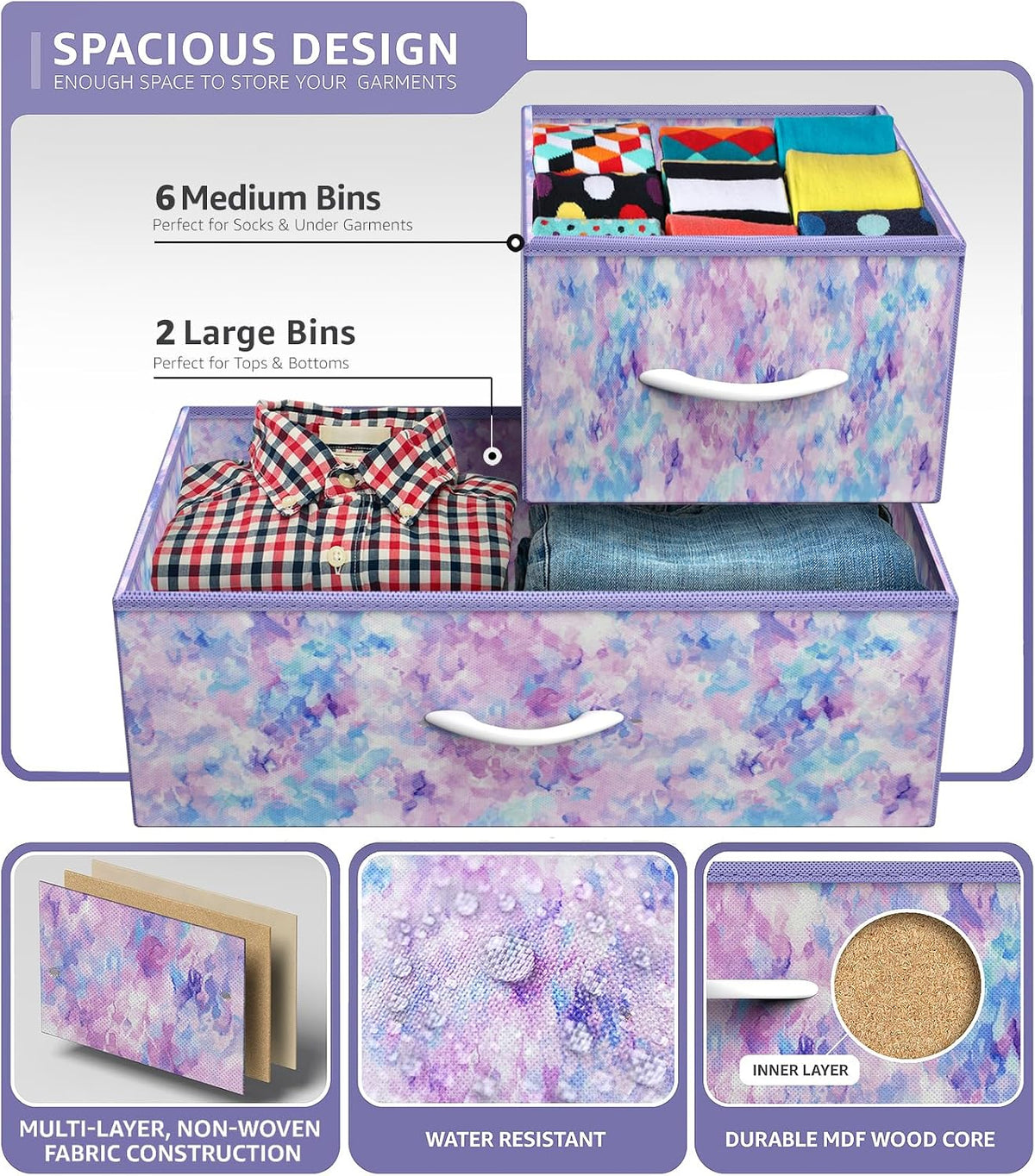Wide 8-Drawer Dresser, Wood Top & Fabric Drawers (Blue)