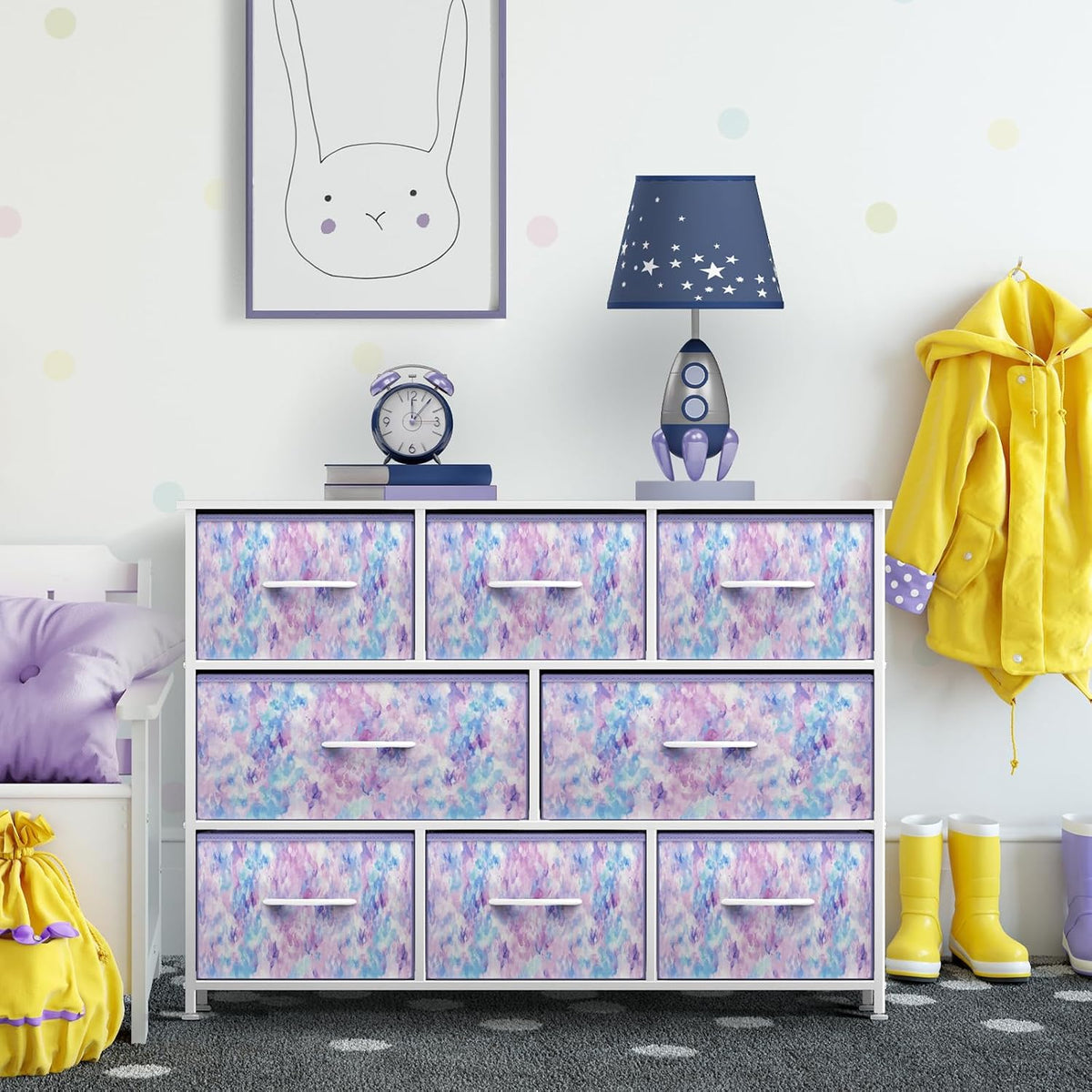 Wide 8-Drawer Dresser, Wood Top & Fabric Drawers (Blue)