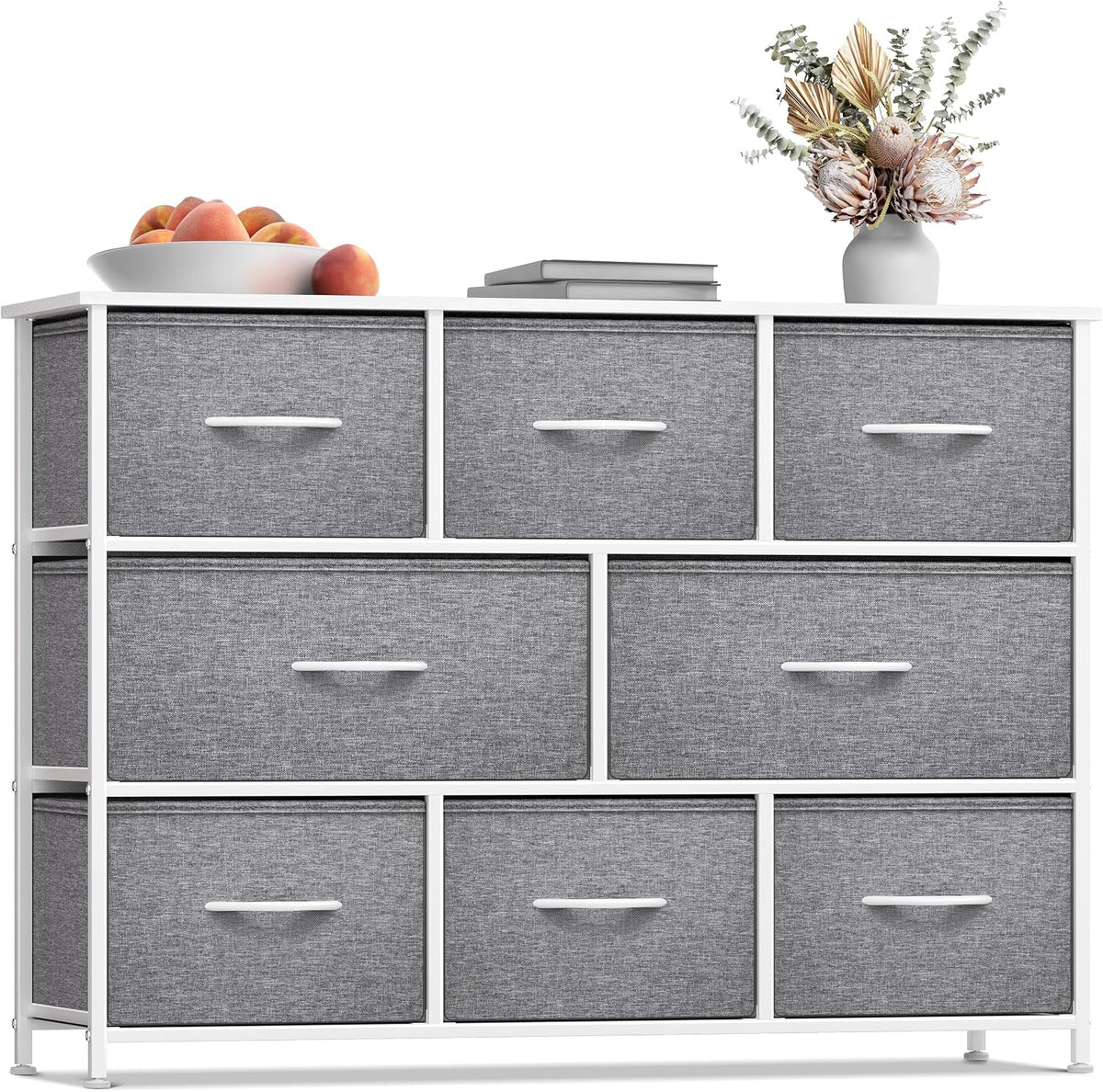Wide 8-Drawer Dresser, Wood Top & Fabric Drawers (Blue)