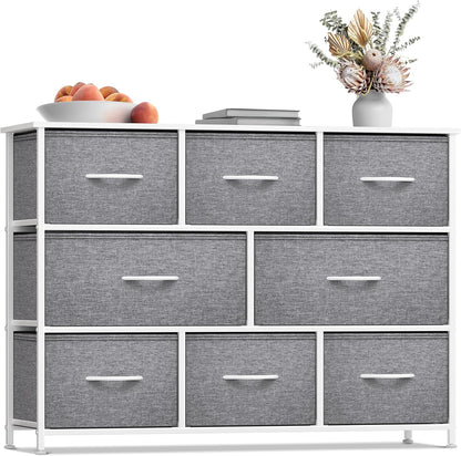Wide 8-Drawer Dresser, Wood Top & Fabric Drawers (Blue)