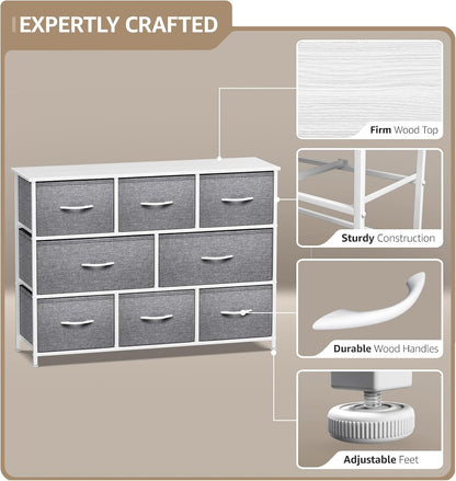 Wide 8-Drawer Dresser, Wood Top & Fabric Drawers (Blue)