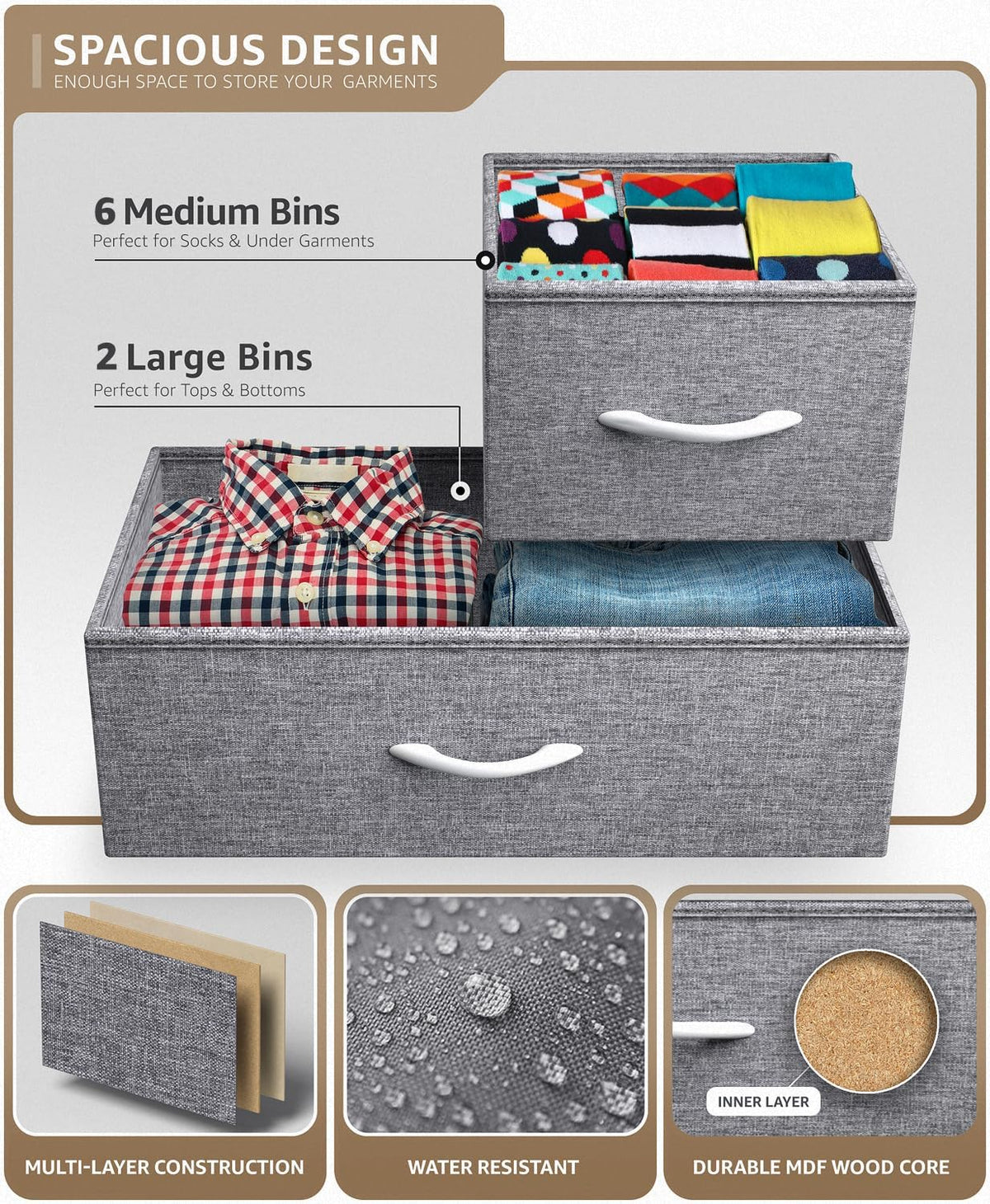 Wide 8-Drawer Dresser, Wood Top & Fabric Drawers (Blue)